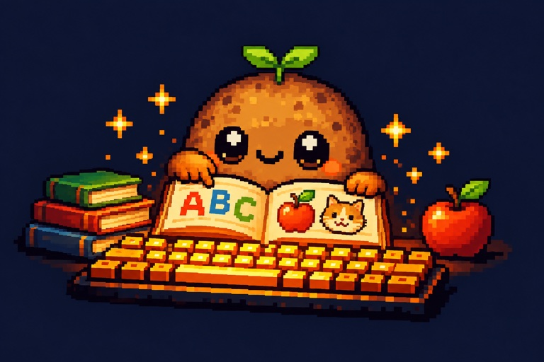 英語の絵本とキーボードで勉強するドット絵のじゃがいも